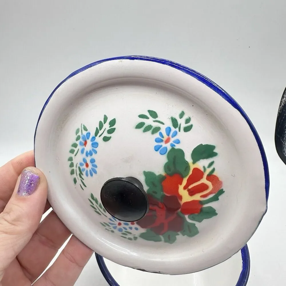 Vintage Mini Floral Enamel Pot Trinket Dish Roses Retro Kitsch Decor - Picture 6 of 13